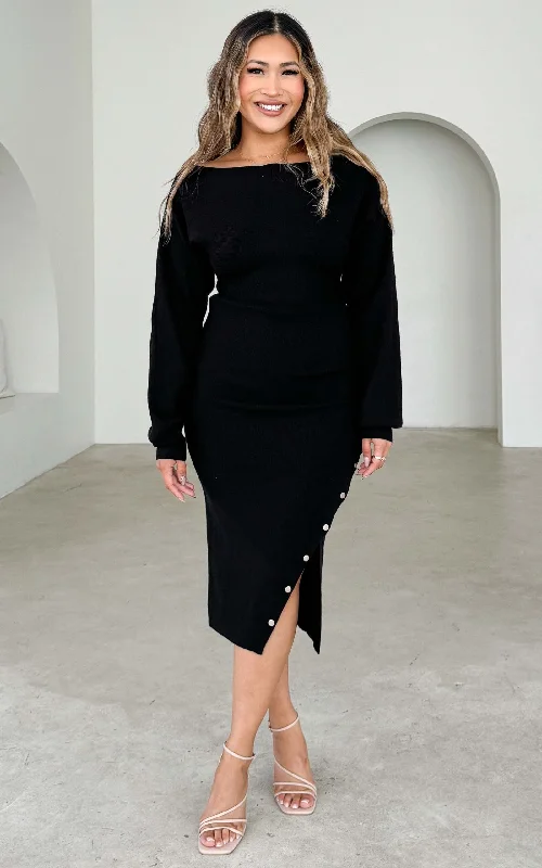 Spring Fashion Pierre Knit Midi Dress - Black