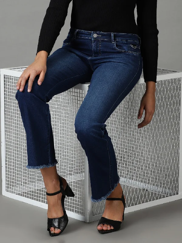 Unique Fashion Women's Navy Blue Solid Bootcut Denim Jeans
