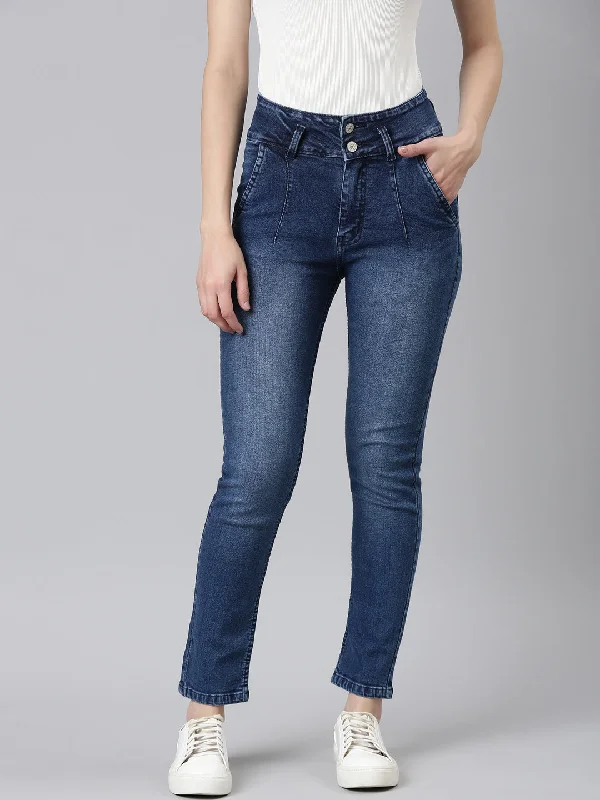 Single-shoulder Neck Design Women Blue Solid Slim Fit Denim Jeans