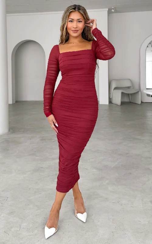 Elegant And Casual Lovick Mesh Midi Dress - Wine