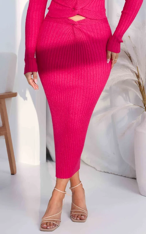 Noble And Elegant Solita Knit Midi Skirt - Hot Pink Metallic