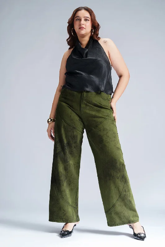 Retro Prints Stardust Olive Curve Panelled Straight Fit Jeans