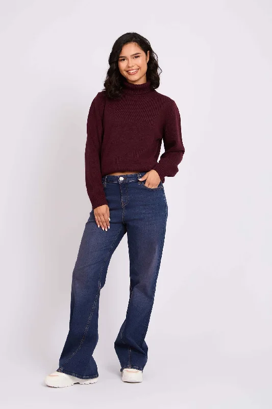 Exquisite Embroidery Women Wide Flare Denim Pant Burgundy