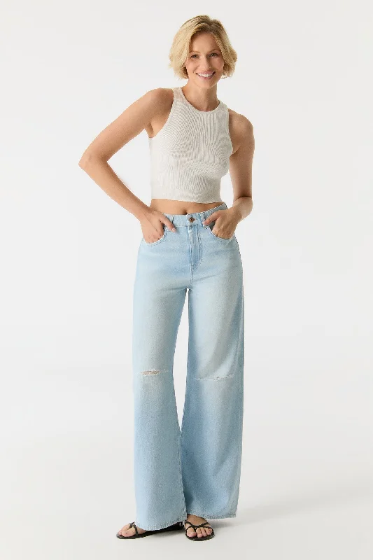 Designer Style Maria Ultra High Waist Full Length 5 Pocket Jeans Light Blue Destroyed