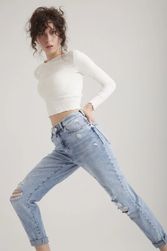 Elegant And Casual Lynn Mid Waist 5 Pocket Jeans Light blue Destroyed